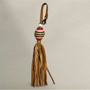 Fossil Leather Tassel Bag Charm Multicolor Resin Ring Keychain Boho